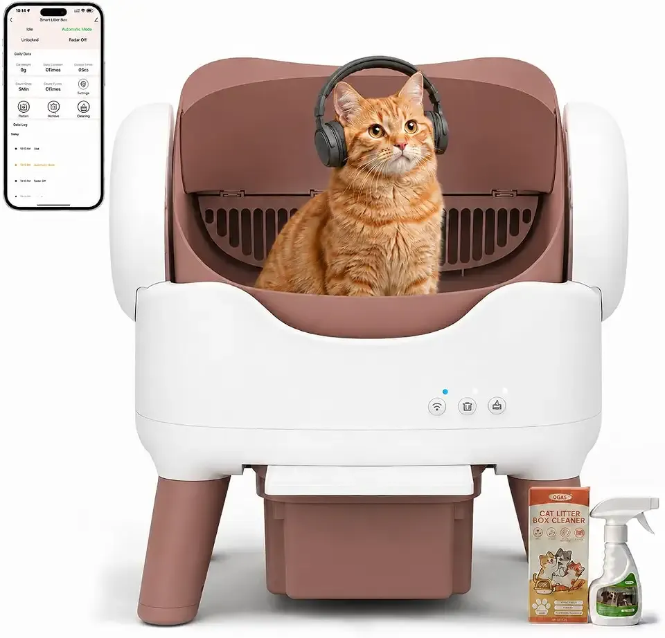 RPZ Self Cleaning Litter Box with APP, Automatic Litter Box for Cats Brown