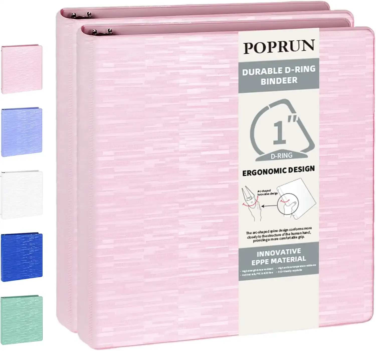 POPRUN 3 D Ring Binder 1 Inch, PVC-Free, Holds 225 Sheets of 8.5 x 11 Paper, Extra Durable Organizer with 2 Pockets for School & Office, Heavy-Duty, 2 Pack, Pink