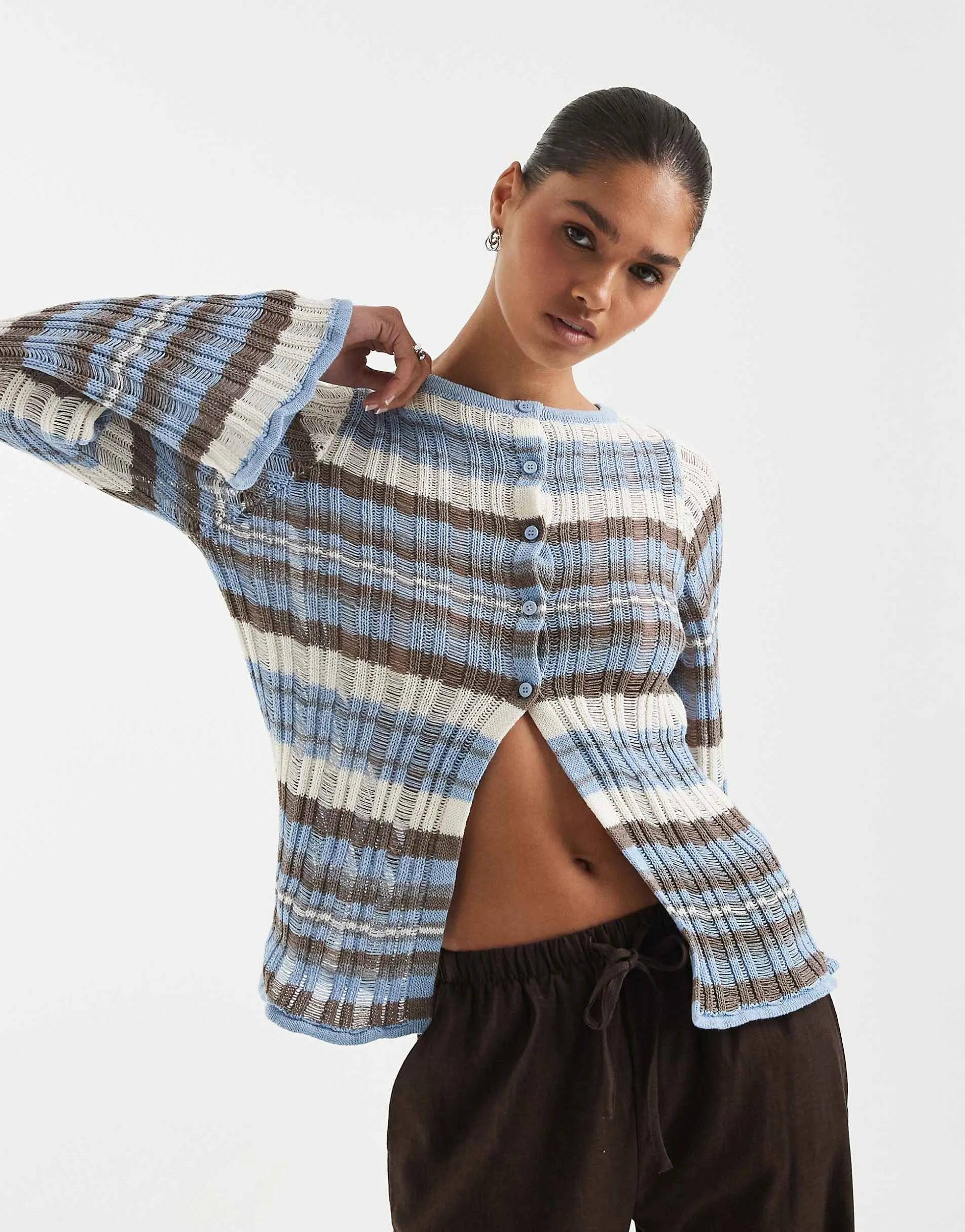 ASOS DESIGN knitted ladder stitch cardigan in blue stripe