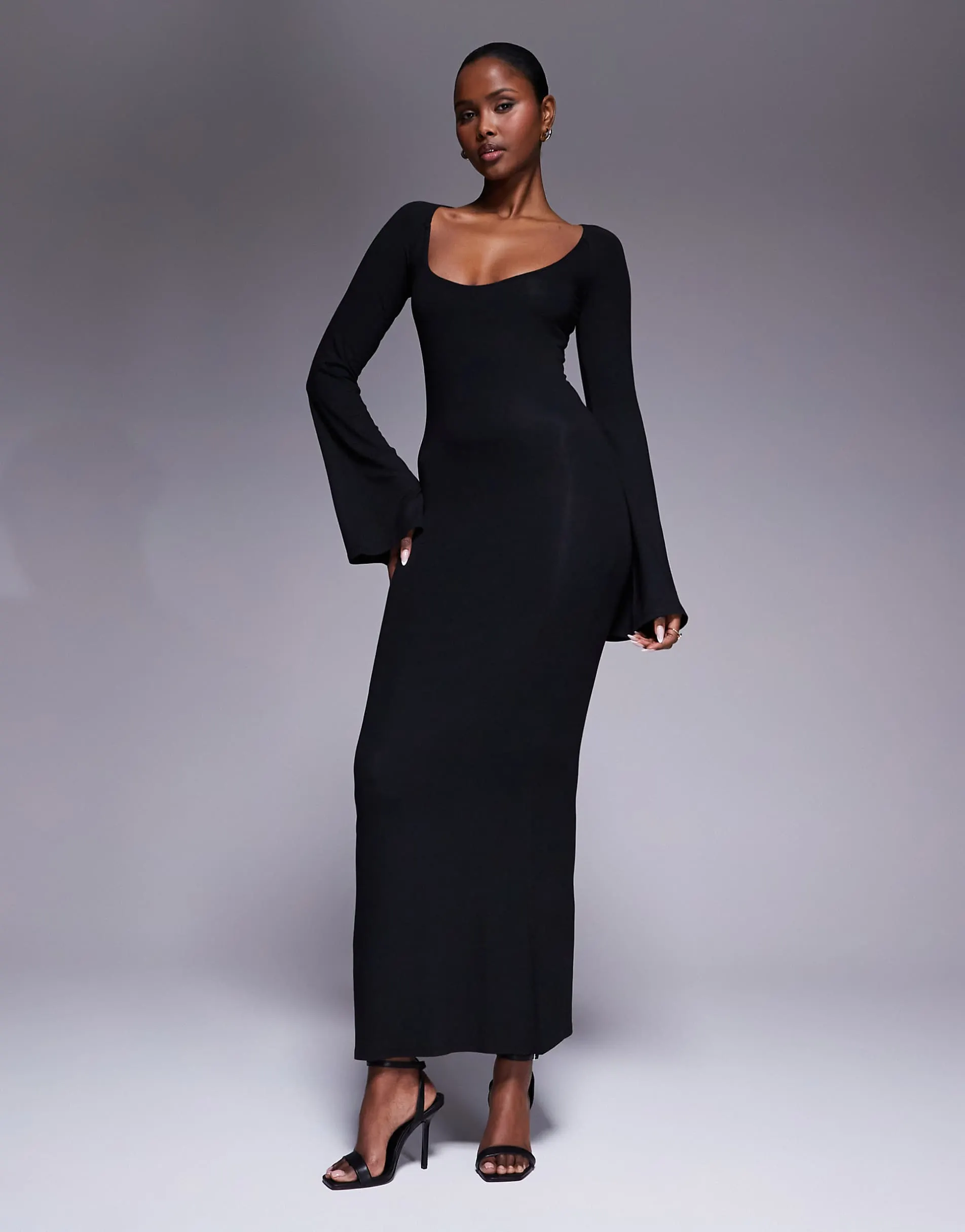 ASOS DESIGN super scoop midi dress with flute sleeves in black