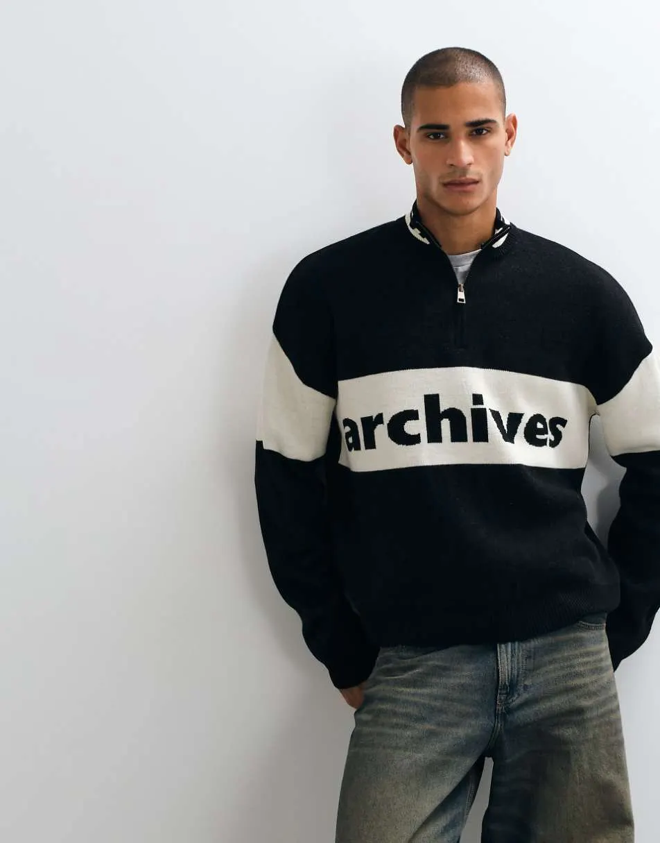ASOS DESIGN oversized knitted half zip with beige panel and print in black