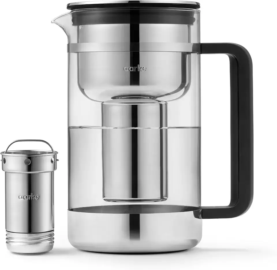 Aarke Purifier - Premium Glass and Stainless Steel Water Filter Pitcher, Refillable Filter System and Granules, 2.8L Pitcher with 1.66L Filtration Capacity
