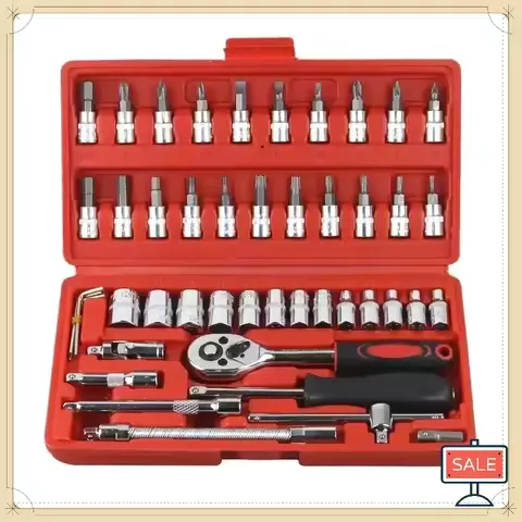 46-Piece Auto Maintenance Tool Set 1/4" Socket Ratchet Torque Wrench Pry Tools Combination Kit Household Car Repair Hand Tools