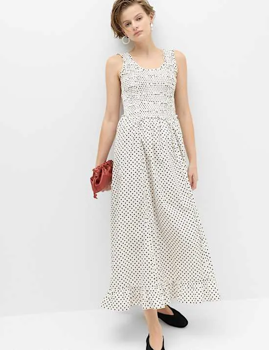 Pure Cotton Polka Dot Ruffle Midi Skater Dress