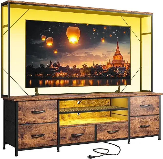 55" W Entertainment Center with LED Lights & Power Outlets, TV Stand with 6 Drawer for up to 60 Inch, TV Stands for Living Room, Bedroom Rustic Brown