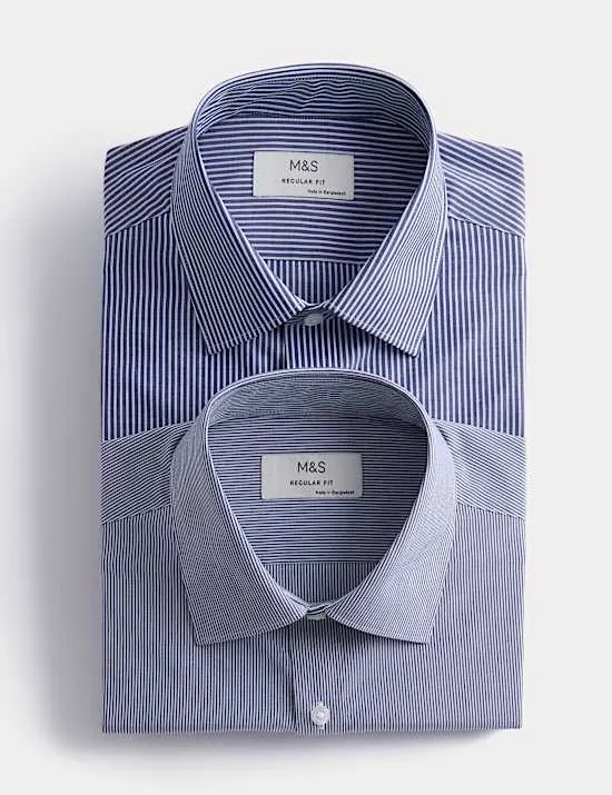 2 Pack Regular Fit Easy Iron Cotton Blend Striped Shirts