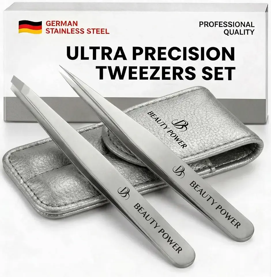 Beauty Power Professional Tweezers Set – Slant & Point, Ultra Precision German Stainless Steel Tweezers for Eyebrows, Chin, Ingrown Hair & Facial Grooming – Lightweight with Case - Gift Idea - Gray