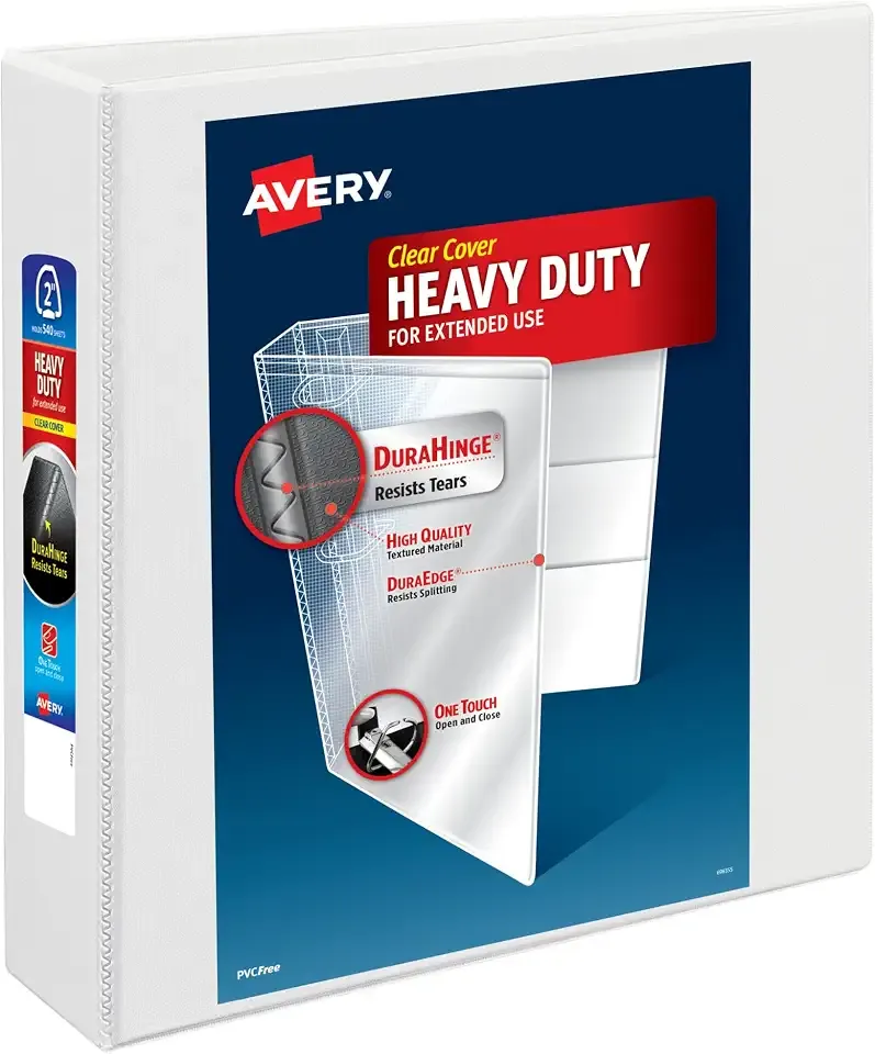 Avery Heavy-Duty View 3 Ring Binder, 2" EZD Rings, 1 White Binder | For Heavy School, Home and Office Use, DuraHinge Tear-Resistant Spine, DuraEdge Split-Resistant Edges, Clear Cover Pockets