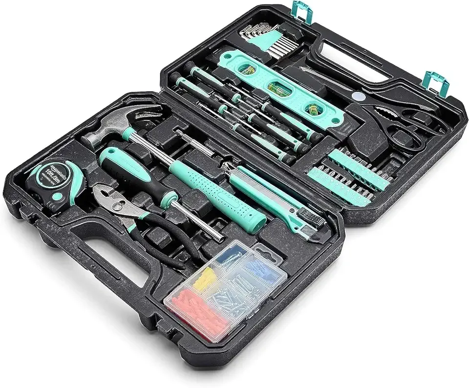 Amazon Basics Household Tool Kit With Storage Case, 142 Piece, Turquoise, 13.39 x 9.25 x 2.95 inch