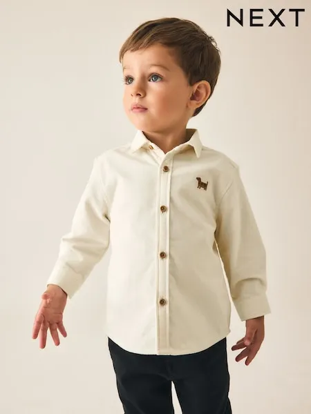 Ecru Dog Embroidery Long Sleeve Cord Shirt (3mths-7yrs)