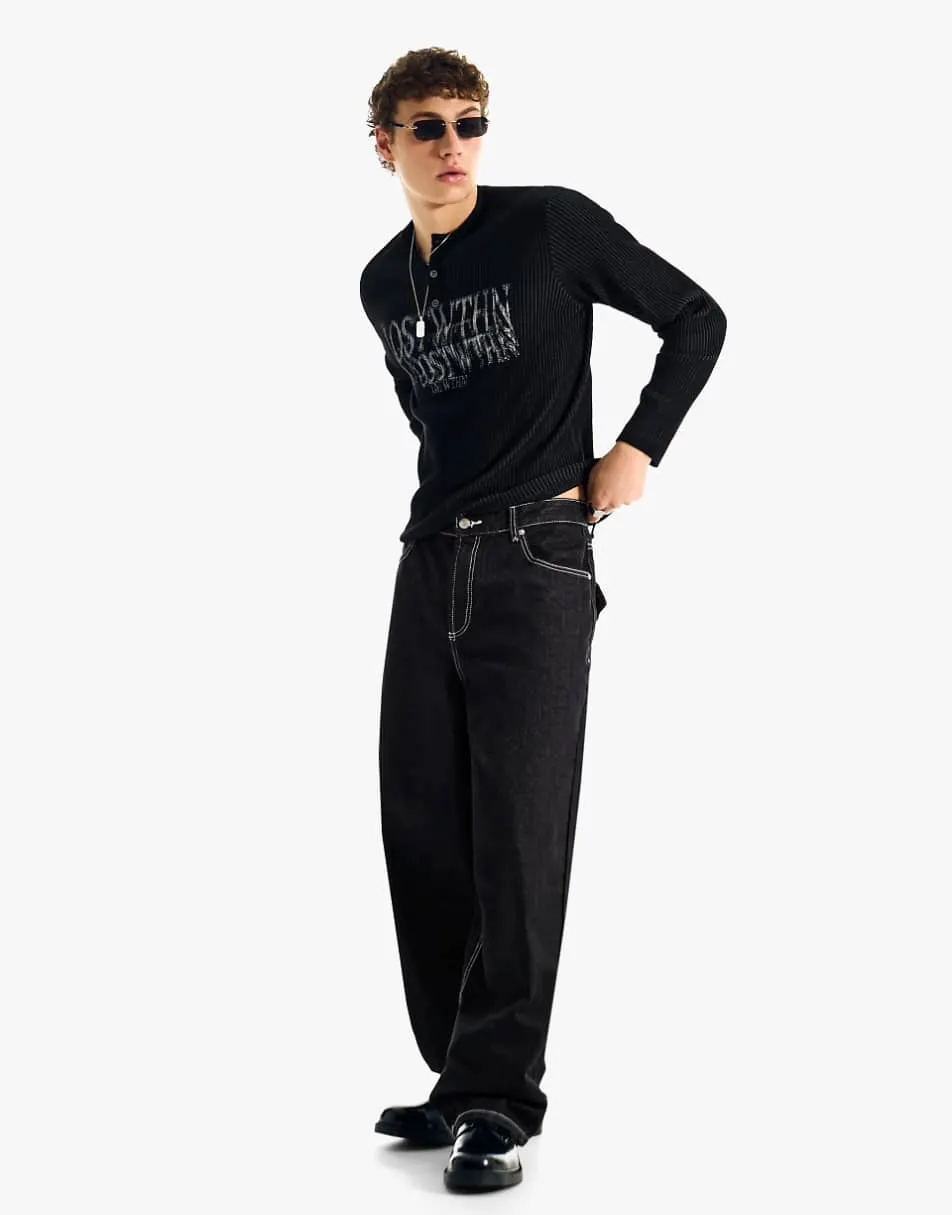 Bershka Embroidered super baggy jeans in black