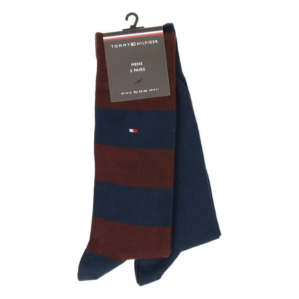 1 paar lange blauwe en 1 paar bordeaux/blauwe kousen