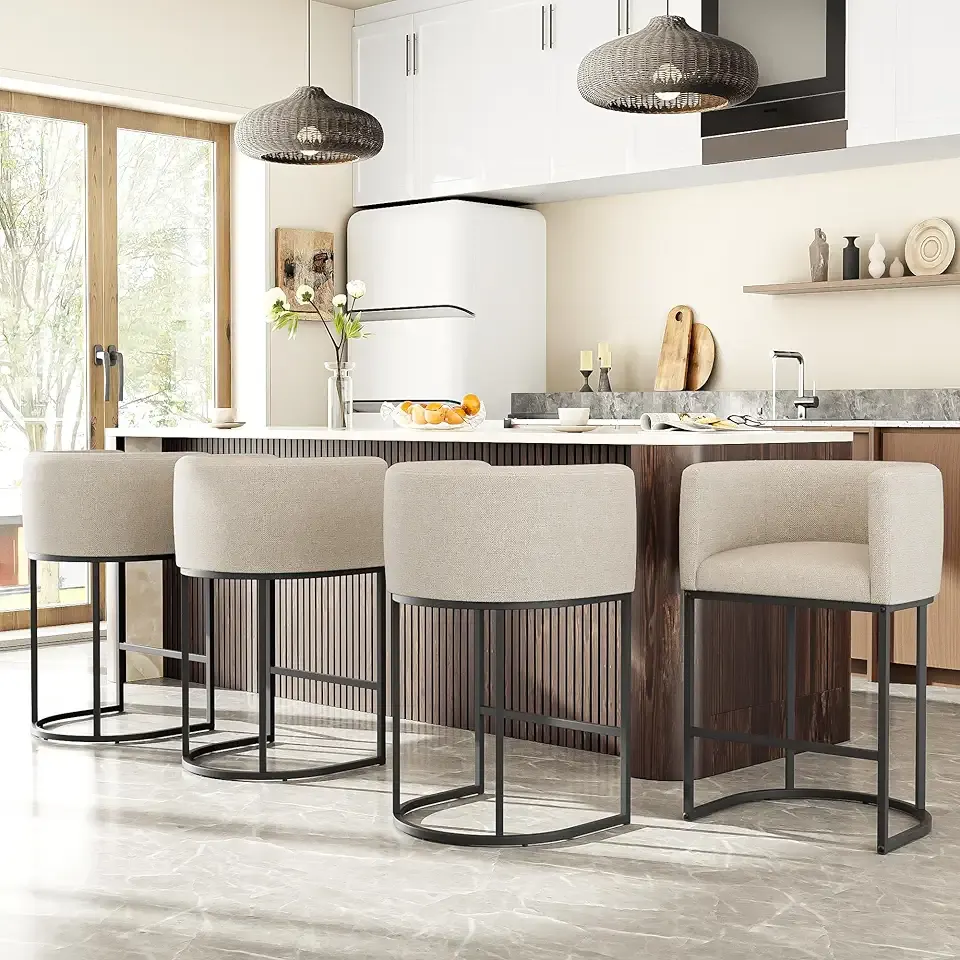 26" H Counter Height Bar Stools Set of 4, Modern Barrel Counter Stools with Backrest and Arms, Linen Fabric Upholstered Accent Barstools for Kitchen Island,Support 450 LBS (Beige)