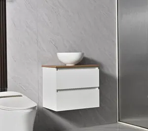 Conjunto Mueble de Baño fondo reducido 58x33x48 cm Blanco y encimera de madera con Lavabo sobre encimera