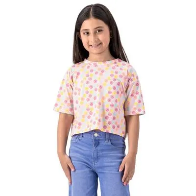 Playera Fantastic Niña Cuello Redondo Full Print Caras Sonrientes