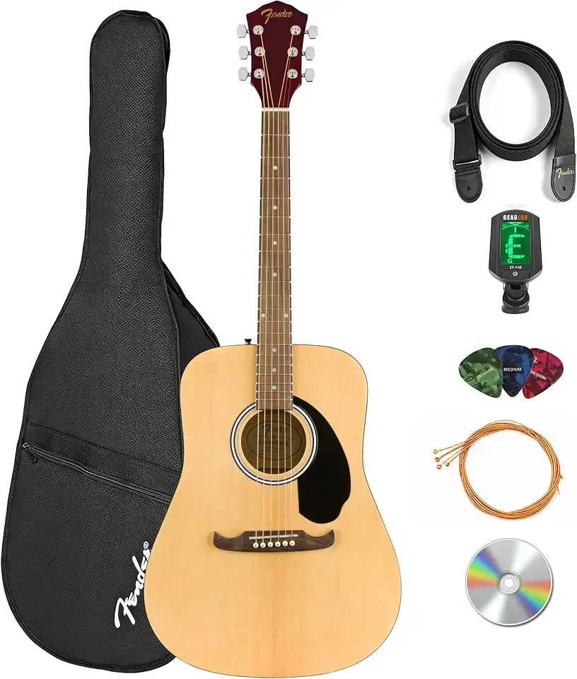 Fender FA-125 Dreadnought Acoustic Guitar - Natural Bundle with Gig Bag, Tuner, Strap, Strings, Picks, and Austin Bazaar Instructional DVD