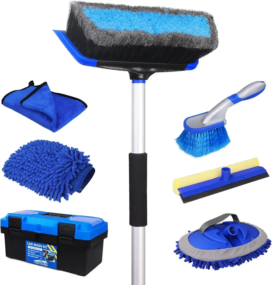 NIKCOSMK 62'' Car Wash Brush with Long Handle, Car Wash Kit with Tire Brush, Tower, Window Squeegee, Chenille Microfiber Car Wash Mop Mitt, Car Cleaning Brush Kit Supplies for Car, Truck, SUV, RV