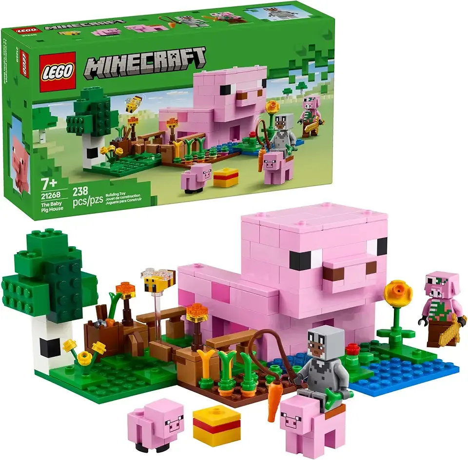 Minecraft The Baby Pig House Toy Figures and Playset - Building Minecraft Toy for Kids, Boys and Girls, Ages 7+ - Gift for Birthdays - with 2 Minifigures for Pretend Play - 21268