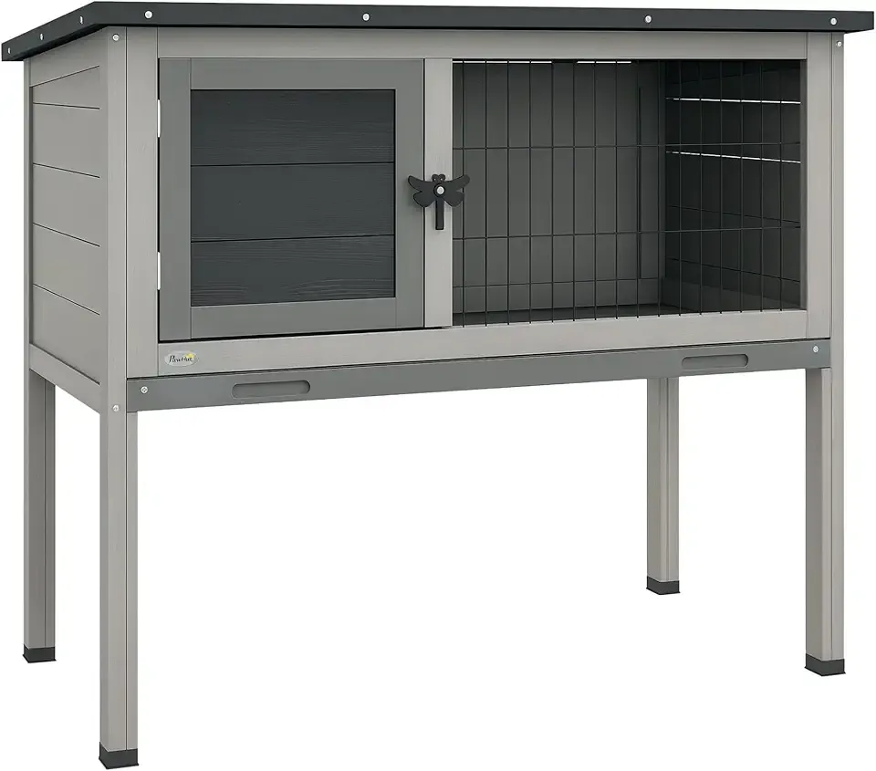 PawHut Elevated Wooden Rabbit Hutch, Indoor/Outdoor Bunny Cage with Hinged Asphalt Roof and Removable Tray for Guinea Pig, Gray