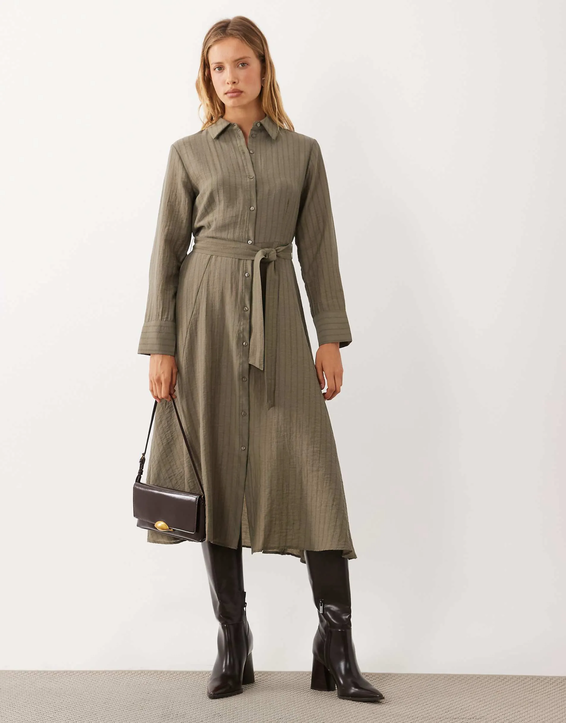 Mango tie waist shirt midi dress in green stripe