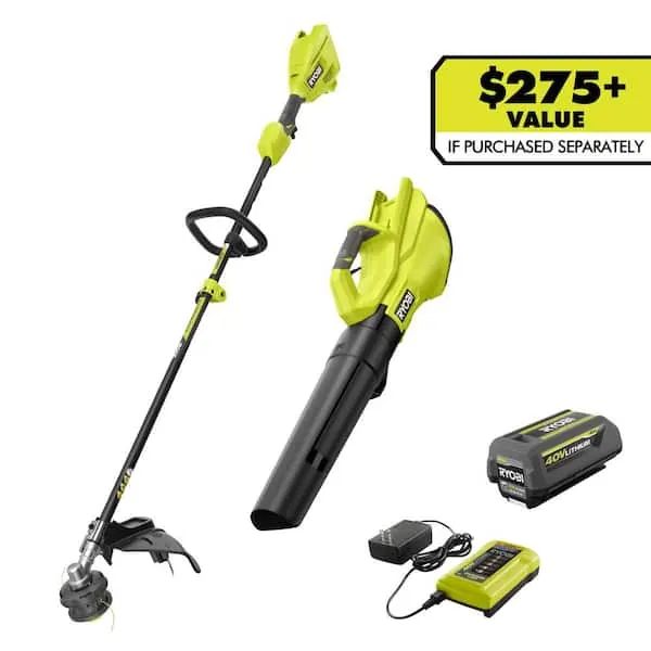RYOBI40V Cordless Attachment Capable 15"​ String Trimmer & 550 CFM 120 MPH Blower Combo Kit with 4.​0 Ah Battery & Charger