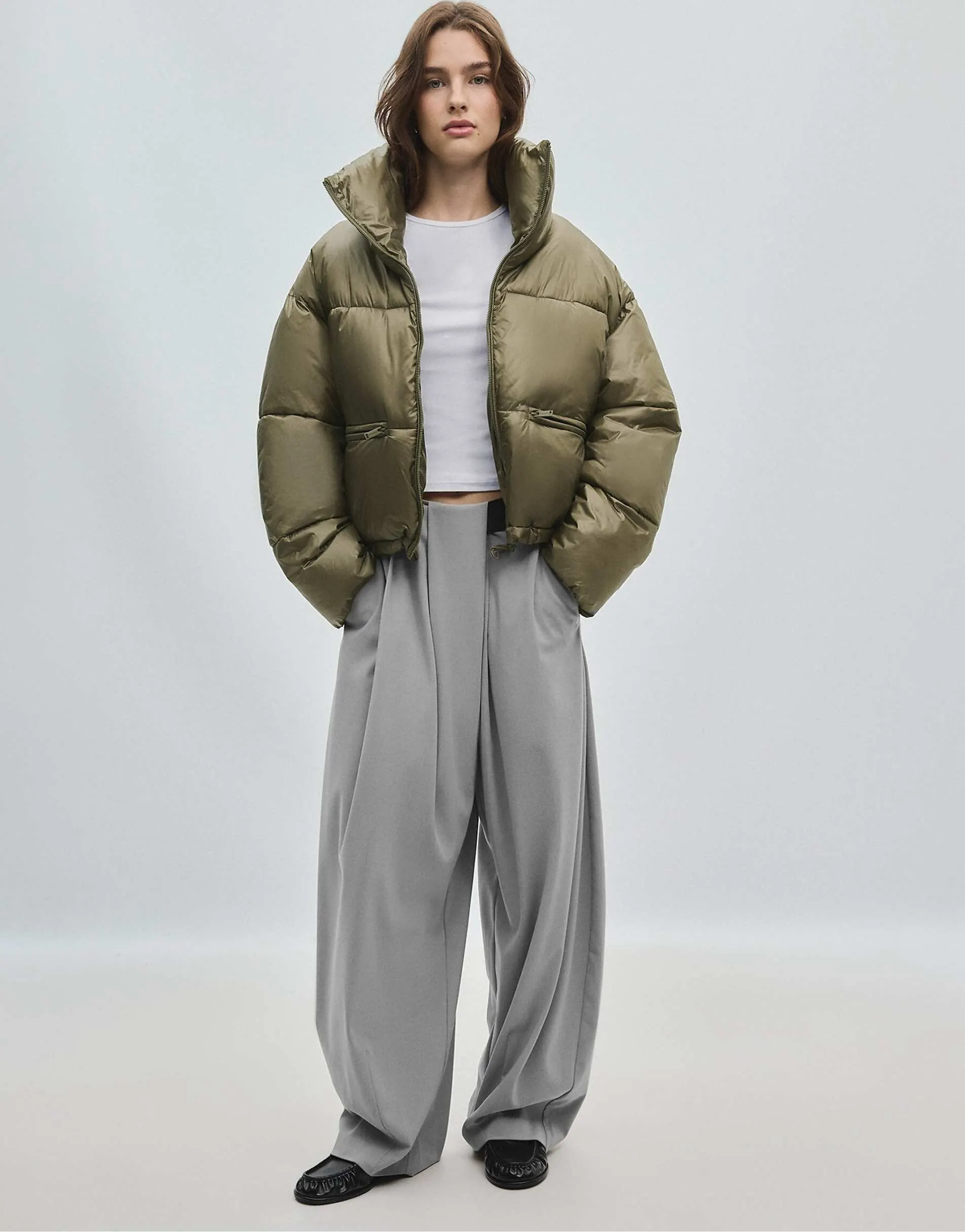 Stradivarius Shiny cropped down jacket in khaki