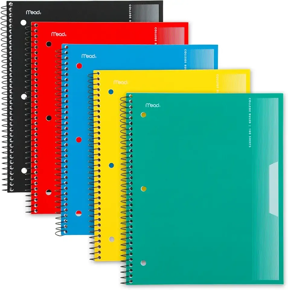 Mead Spiral Notebook, 5 Pack, 1 Subject, College Ruled Paper, Plastic Cover, 8-1/2" x 11", 100 Sheets per Notebook, Assorted Colors (820299-AMZ-TK)