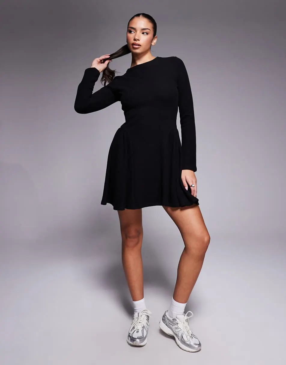 ASOS DESIGN supersoft long sleeve godet mini dress in black