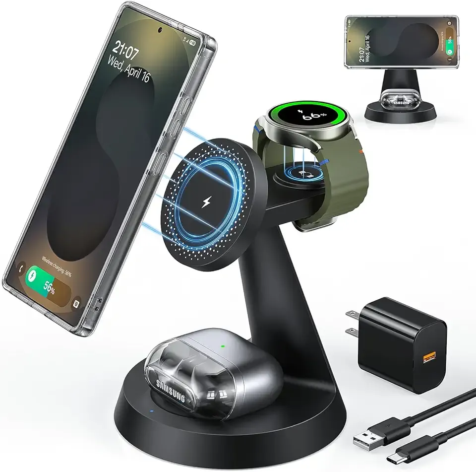 Magnetic Wireless Charger for Samsung, 3 in 1 Charging Station Compatible with MagSafe Samsung Charger for Galaxy S25 Ultra S24 Z Fold7/Flip7, Watch Charger Stand for Galaxy Watch Ultra 8 7, for Buds