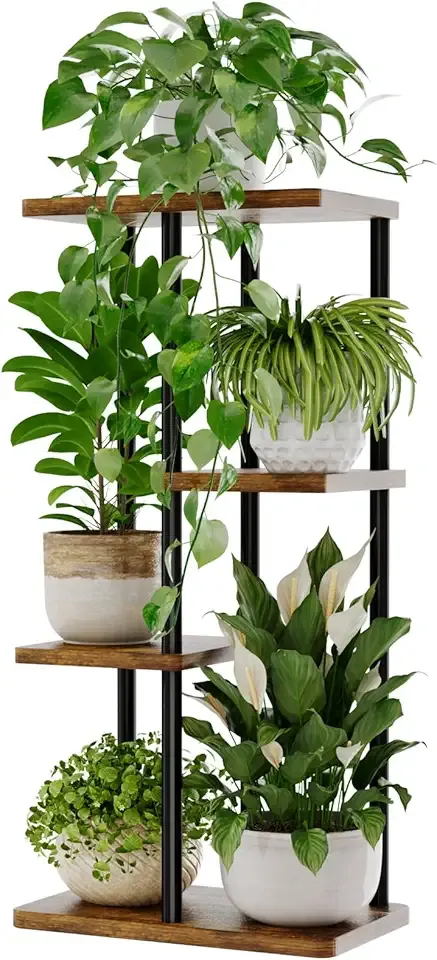 Bamworld Plant Stand Indoor, Corner 4 Tier Metal Plant Shelf for Multiple Plants, Tiered Flower Pot Stands for Patio Garden Balcony Living Room Bedroom, Brown