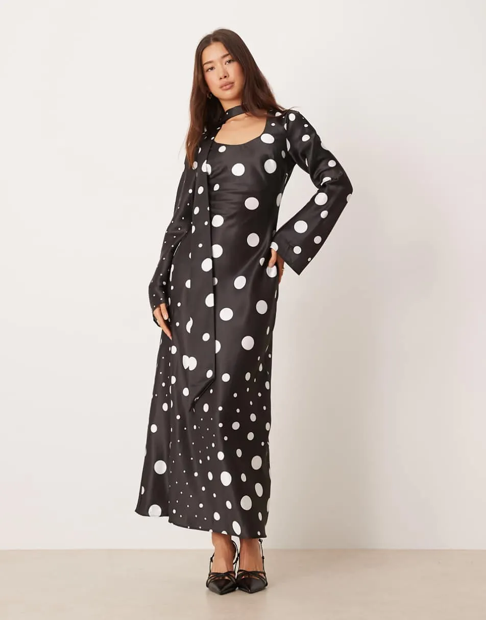 ASOS DESIGN v neck scarf detail long sleeve maxi dress in black spot print