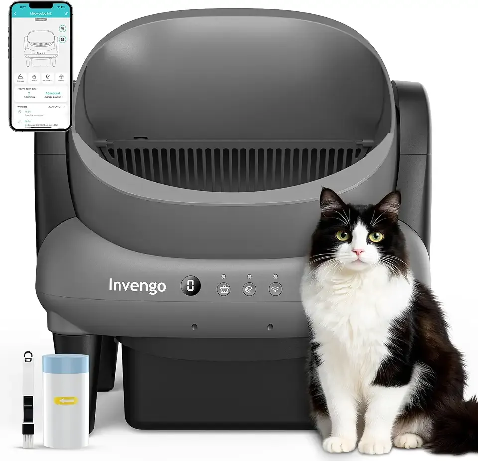 Invengo Automatic Self-Cleaning Cat Litter Box, Open Top Design with Safety Sensors and Anti-Pinch Protection, Smart Automatic Litter Box for Small & Medium Cats and Multi-Cat Homes, Charcoal Grey