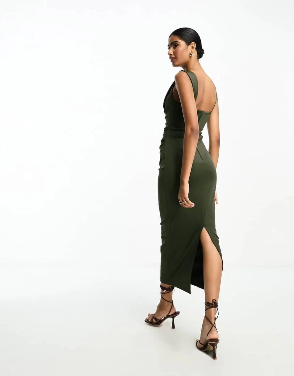ASOS DESIGN square neck pleat bust midi pencil dress in green