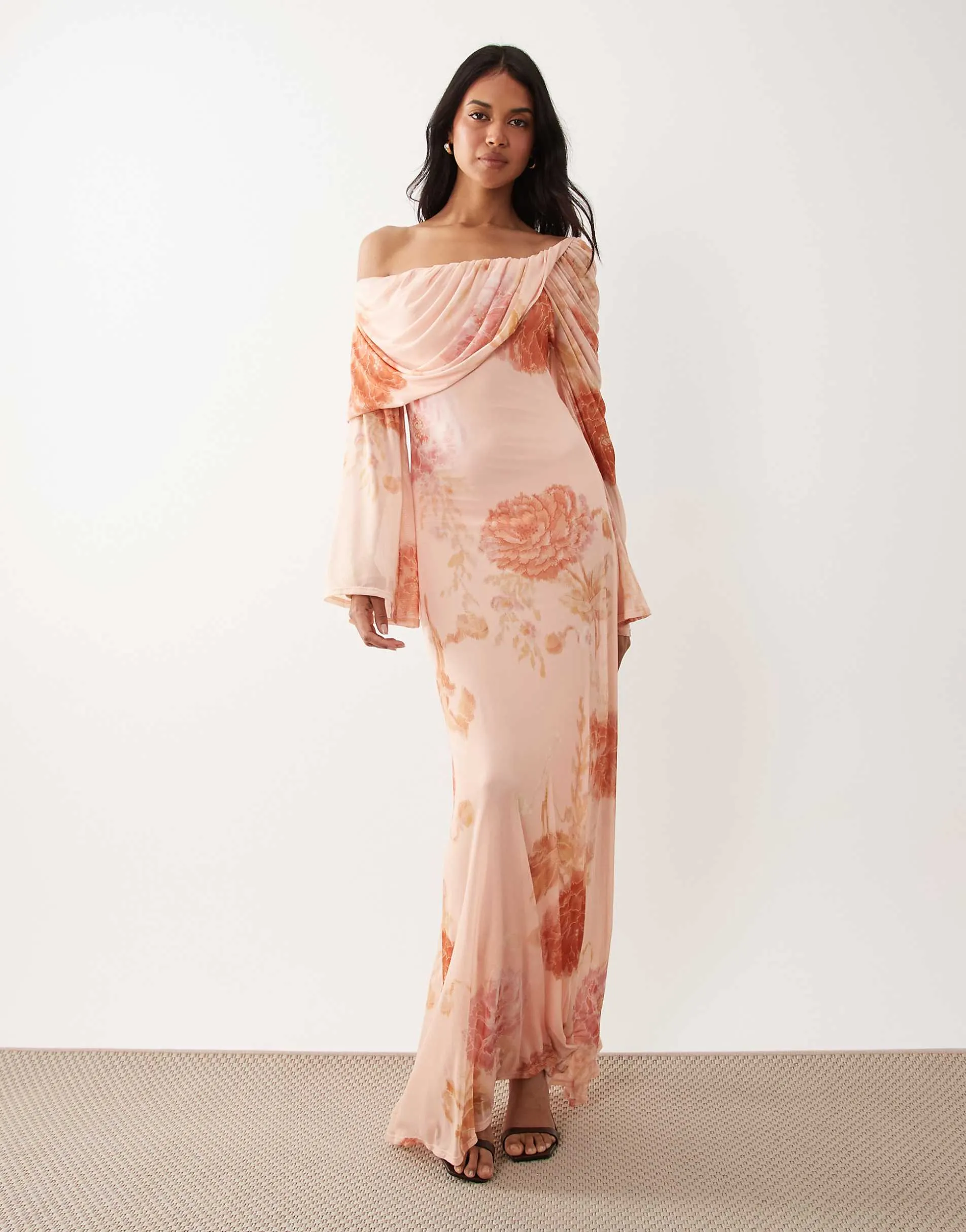 ASOS DESIGN printed off the shoulder draped neck long sleeve maxi dress in pink floral