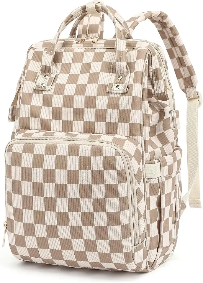 Baby Diaper Bag Backpack for Mom, Large Capacity Travel Nappy Bag for Boys & Girls with Stroller Straps (Corduroy Checkered Brown)