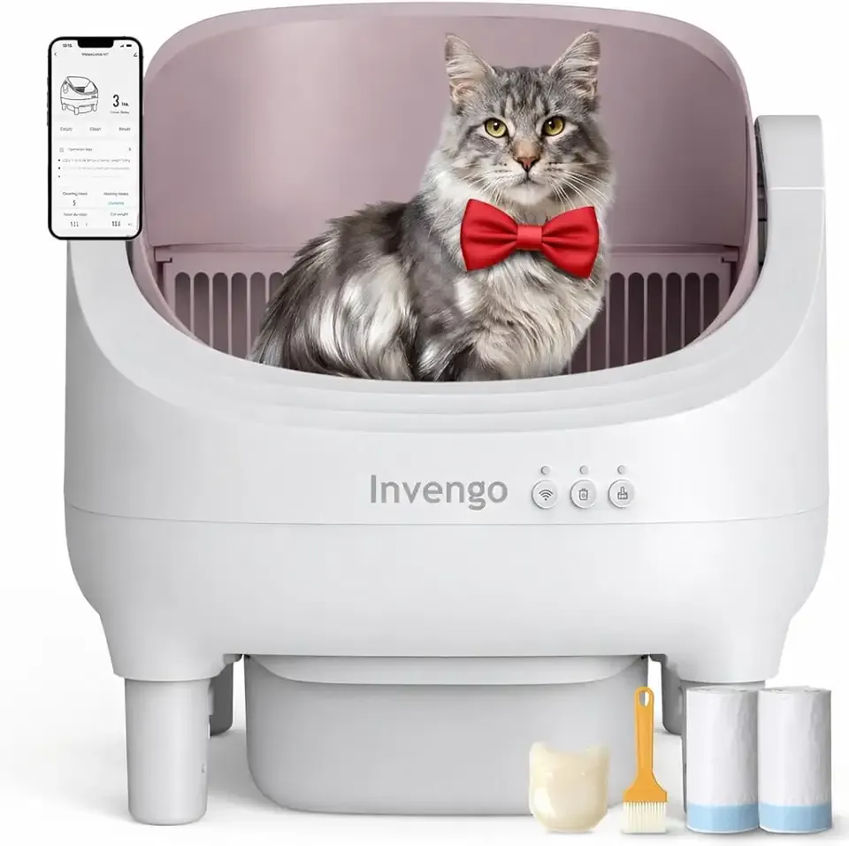 Invengo Automatic Cat Litter Box Self Cleaning, App Control, Open-Top Automatic Litter Box with Safety Sensors, Ultra-Quiet, 10.5L Waste Bin with Odor Control, 2 Rolls of Garbage Bags, Champagne