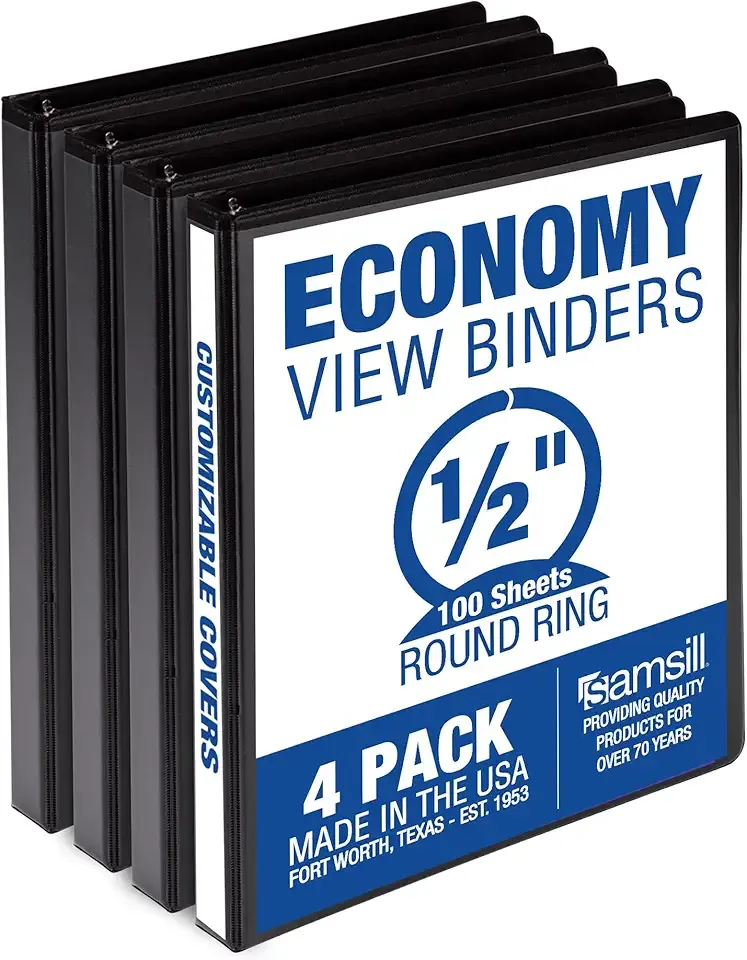 Samsill 0.5 Inch 3 Ring Binders, Made in USA, Economy Round Ring, Clear View Cover, 100 Sheet Capacity - for School, Home, Office - Black, 4 Pack