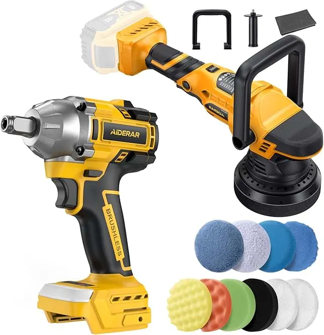 AIDERAR 20V Cordless Polisher and Impact Wrench Bundle for DeWalt Battery – Brushless 15mm Dual Action Polisher + 500Nm (369Ft-Lbs) Torque Impact Wrench, Includes Pads & Accessories (No Battery)