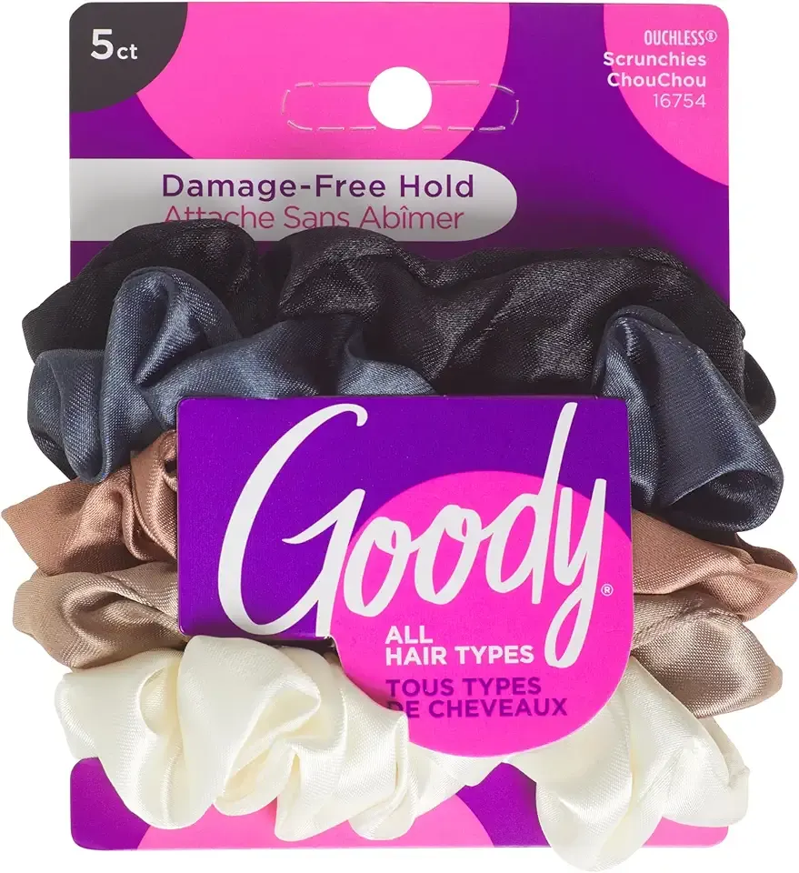 Goody Ouchless Satin Scrunchies - 5 Ct, Neutral Tones, Damage-Free Hold, Soft Overnight Hair Scrunchies to Sleep In, Gentle Hair Accessories for Women & Men, All Day Comfort, All Hair Types