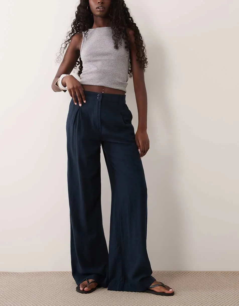 ASOS DESIGN wide leg trousers with pleat detail in linen blend in navy