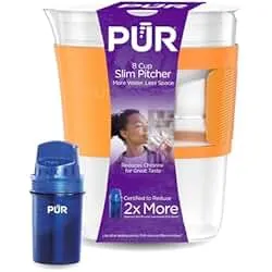 PUR Slim Water Filter Pitcher, 8-Cup Capacity, Compact Design for Dorms & Mini Fridges, Dishwasher Safe, Fast Filtration, Includes 1 Filter, Cleaner Great-Tasting Drinking Water, Tangerine
