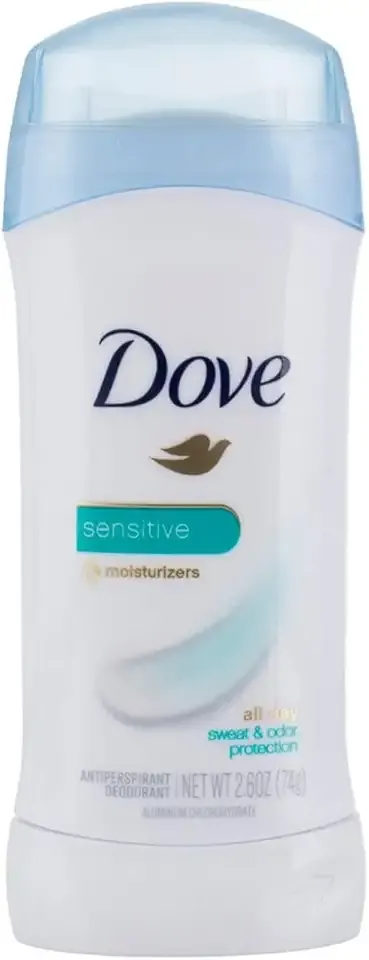 Dove AntiPerspirant Deodorant Sensitive Skin, White, Unscented, 2.6 Oz (Pack of 4)