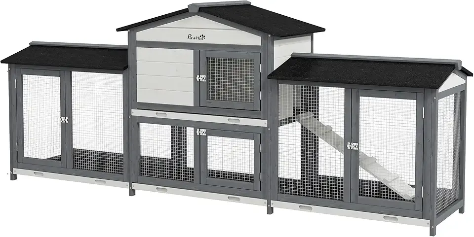 PawHut 90.5" Wooden Rabbit Hutch Bunny Cage Pet Playpen House Enclosure with Double Side Run Boxes, No Leak Tray, Ramp, for Guinea Pig and Small Animals, Light Gray