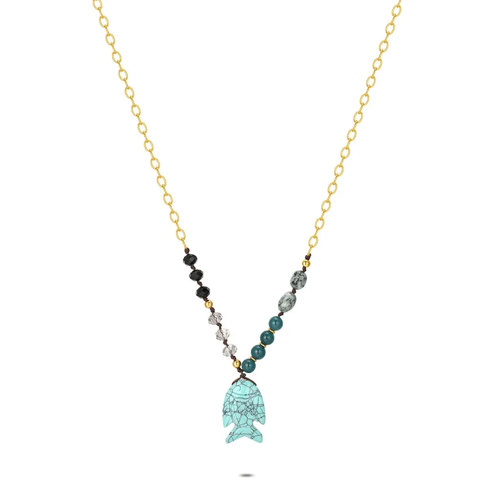 Halsketting in edelstaal met vis en stenen