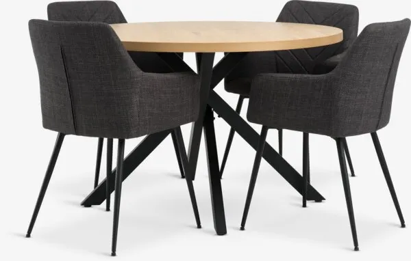NORTOFT + PURHUS NORTOFT Ø120 tafel warm eiken + 4 PURHUS stoelen grijs/zwart