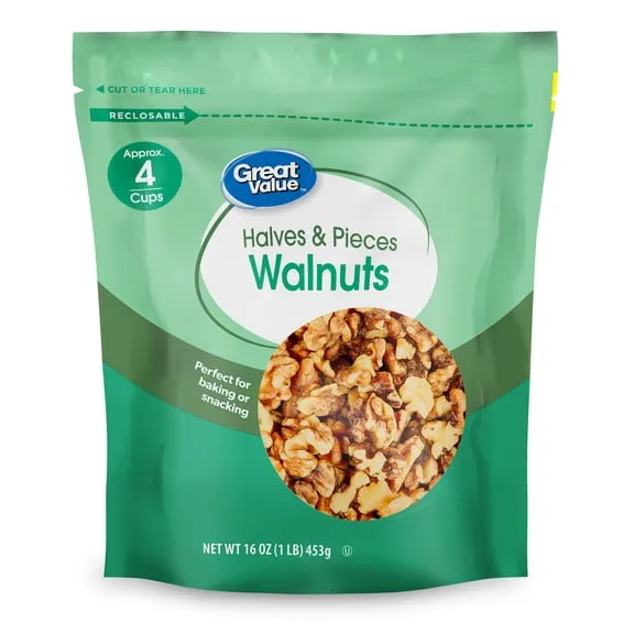 Great Value Walnuts Halves & Pieces, 16 oz $9.96 62.3 ¢/oz