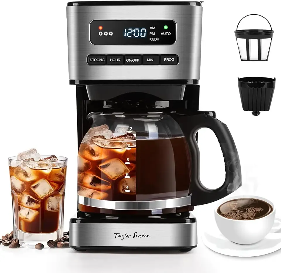 Taylor Swoden Programmable Coffee Makers 12 Cup, Hot and Iced Coffee Maker, 4 Brew Strength, LED Display, 24H Timer, Keep Warm&Auto Shutoff- Drip Coffee Machine for Home/Office, Black &Stainless Steel