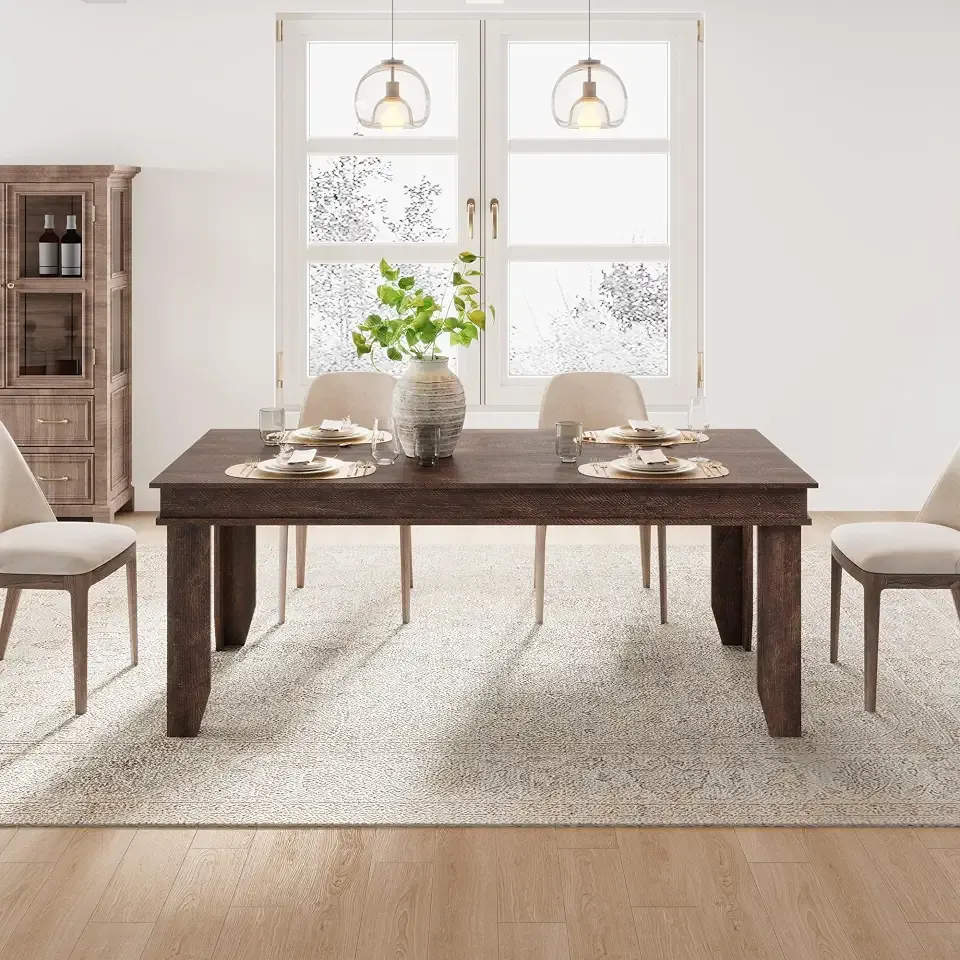 GarveeHome Farmhouse Dining Table for 6-8 People, 71 in Long Kitchen Tables | Wooden Sturdy Frame, 6 ft Large Rectangular Dinner Table for Dining Room, Kitchen, Dark Walnut, 71" Non-extendable