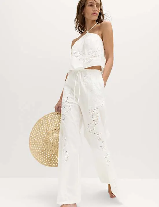 Pure Cotton Textured Broderie Beach Trousers