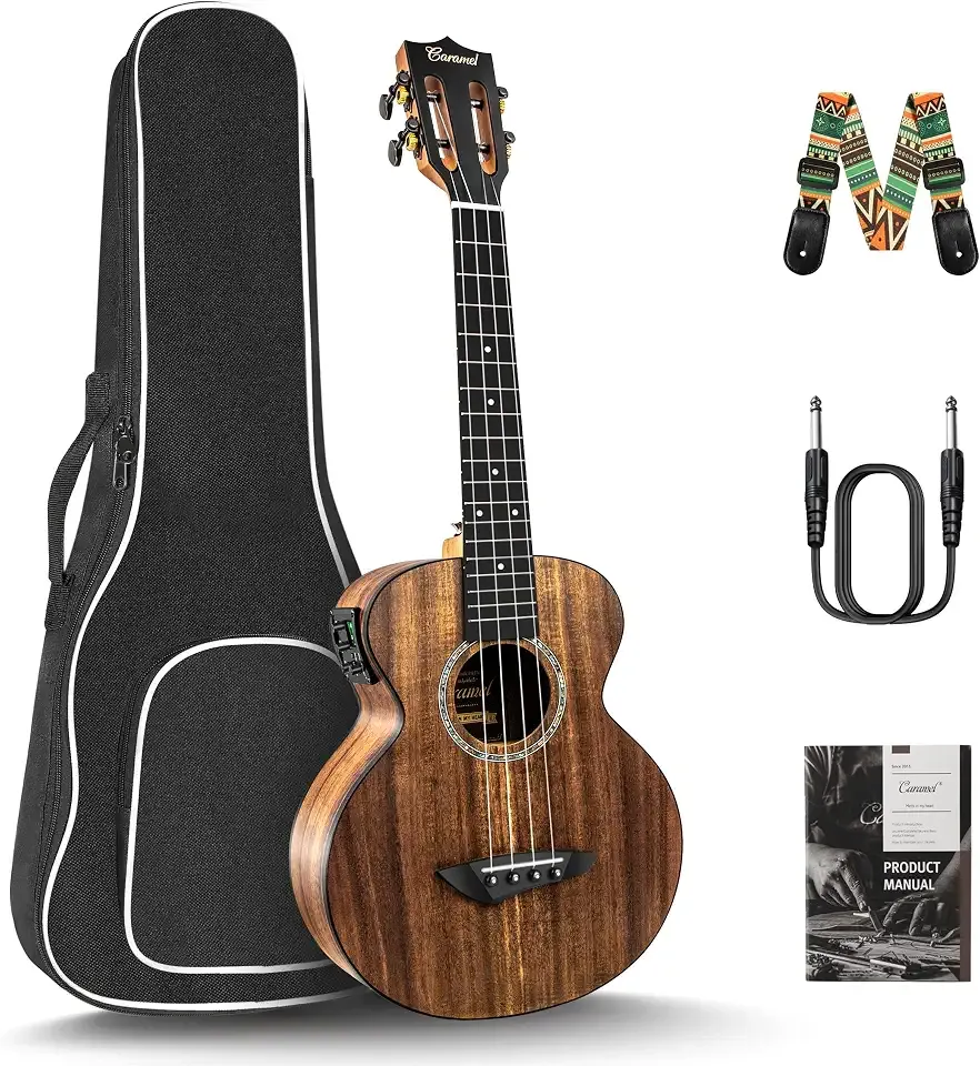 Caramel 26inch CT204 All Solid Acacia Wood Tenor Electric Ukulele Professional Ukelele Kit Beginner Guitar Starter Bundle Strings, Padded Gig Bag, Strap